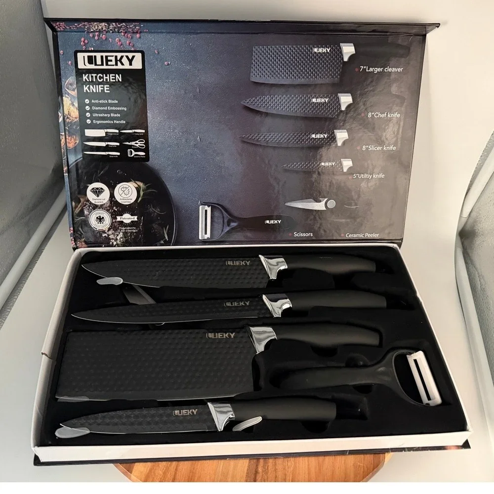 Ueky 6 PC Kitchen Knife Set Black Diamond‎ Embossed LK-WS10 Cleaver Chef Slicer